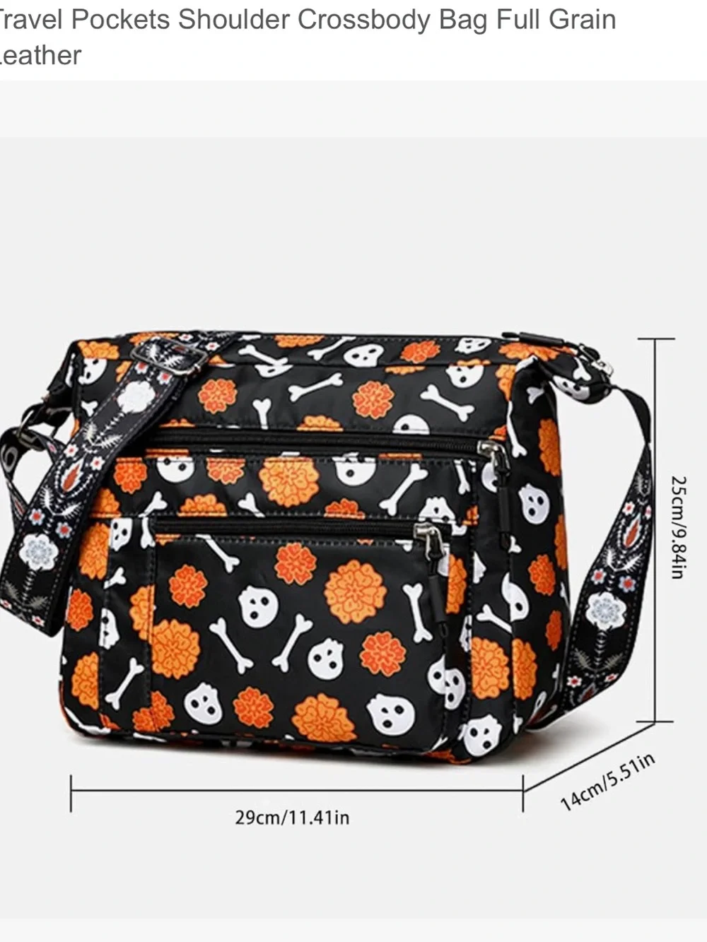 Halloween-themed crossbody bag featuring a skull and marigold print